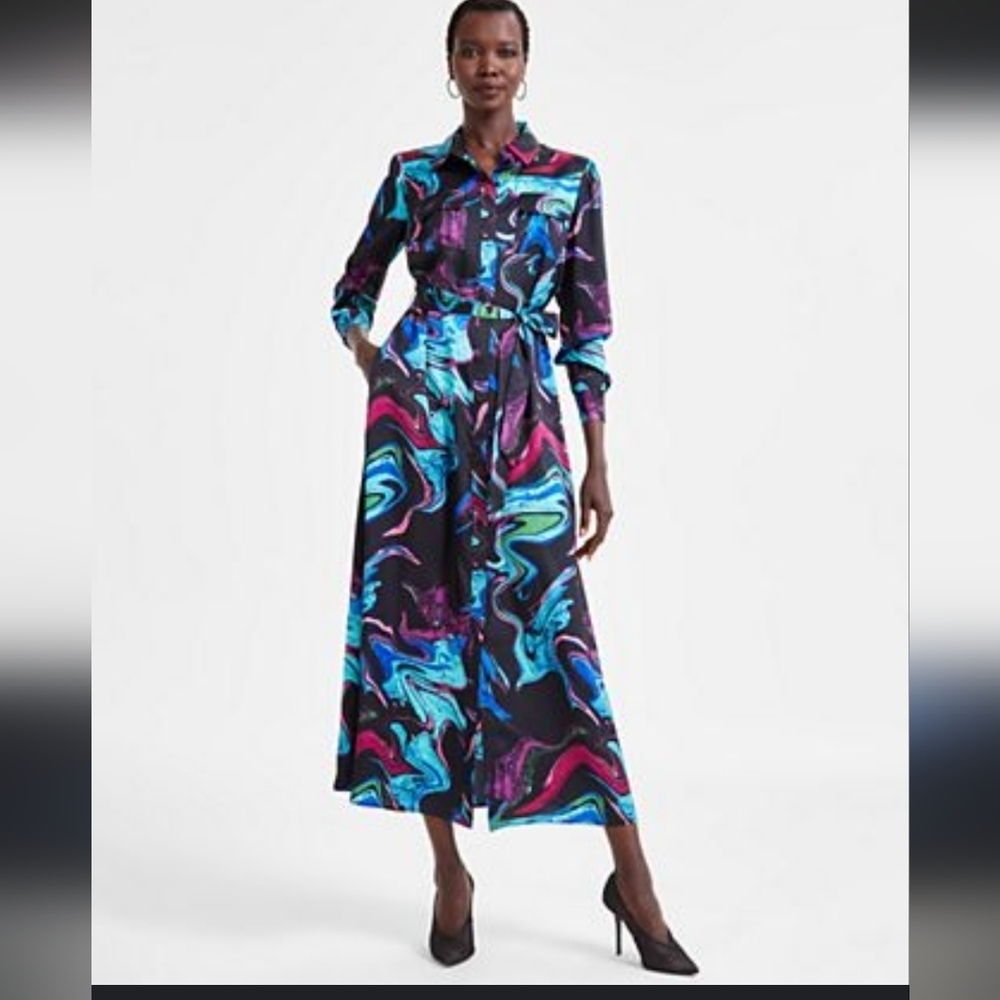 Inc International Satin Shirt Dress XS Women Button Up Pockets Colorful No Belt
